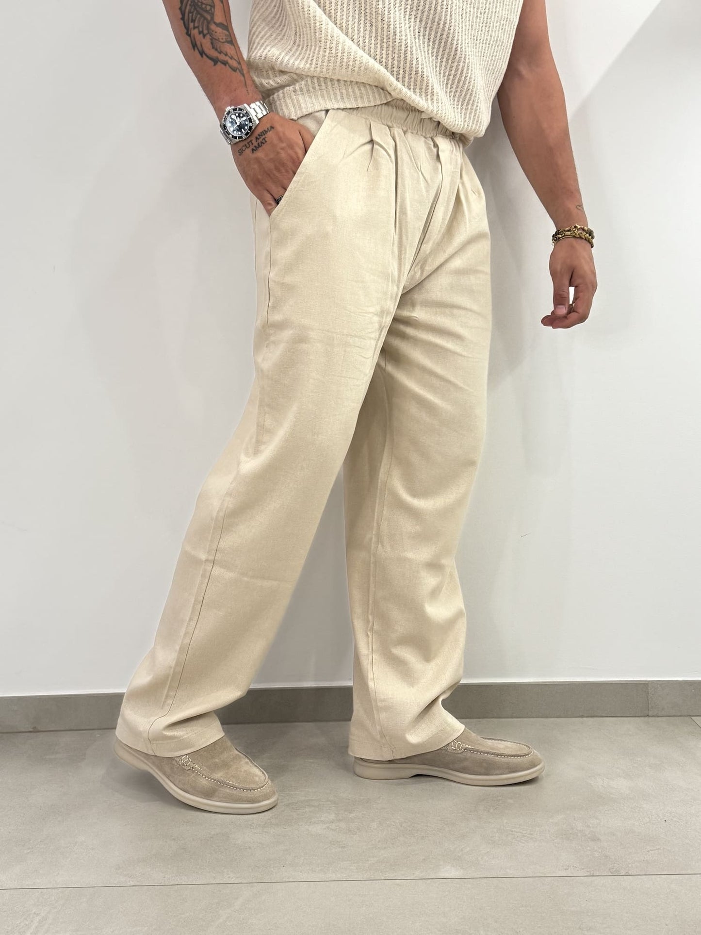 Pantaloni Baggy Beige in Misto Lino
