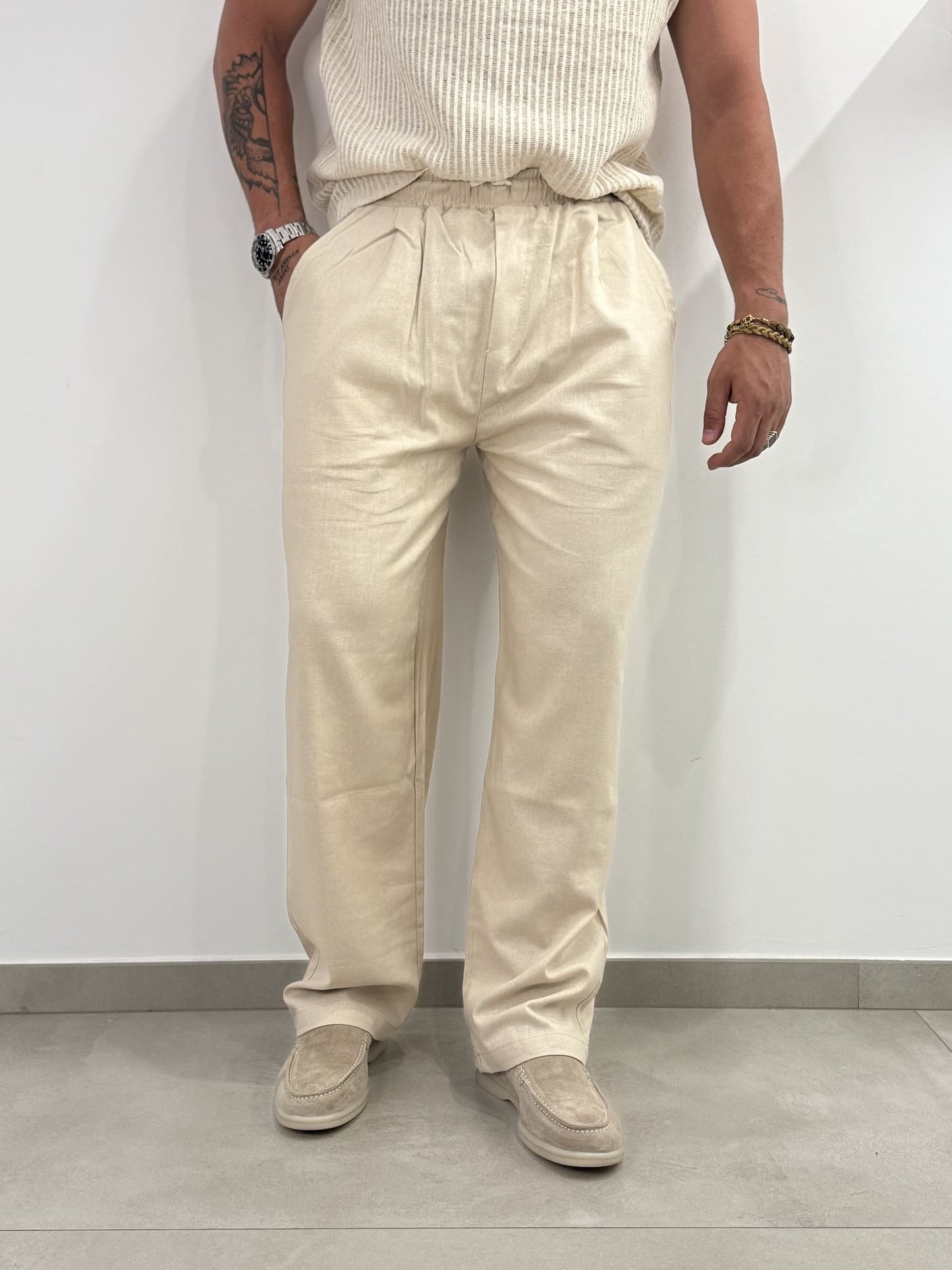Pantaloni Baggy Beige in Misto Lino