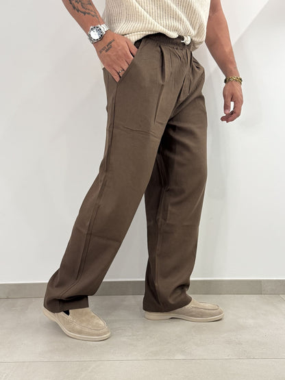 Pantaloni Baggy in Misto Lino, Marrone