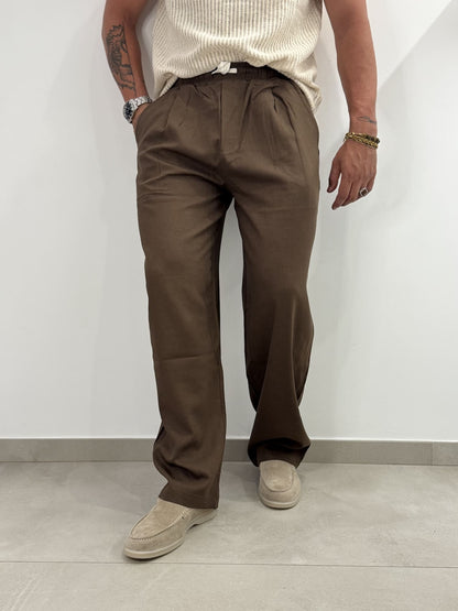 Pantaloni Baggy in Misto Lino, Marrone