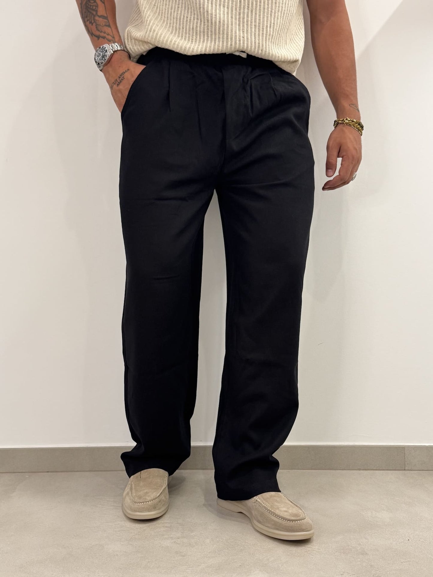 Pantaloni Baggy  in Misto Lino Nero