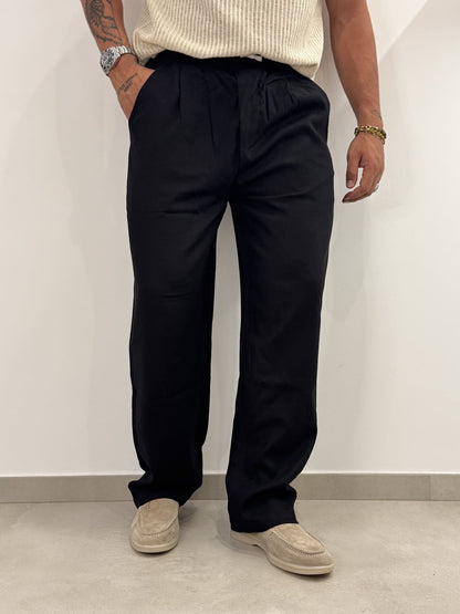 Pantaloni Baggy  in Misto Lino Nero