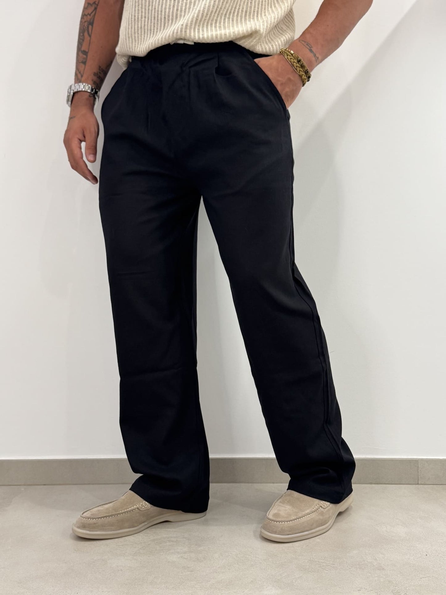 Pantaloni Baggy  in Misto Lino Nero
