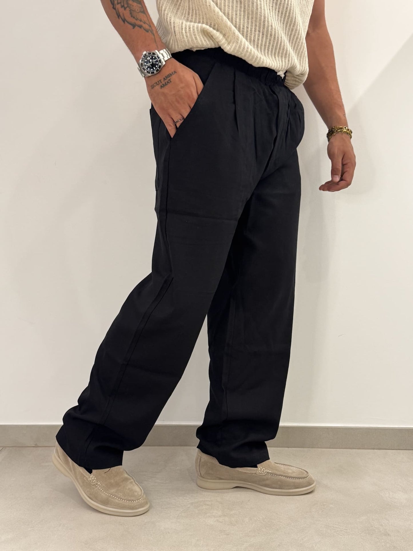 Pantaloni Baggy  in Misto Lino Nero