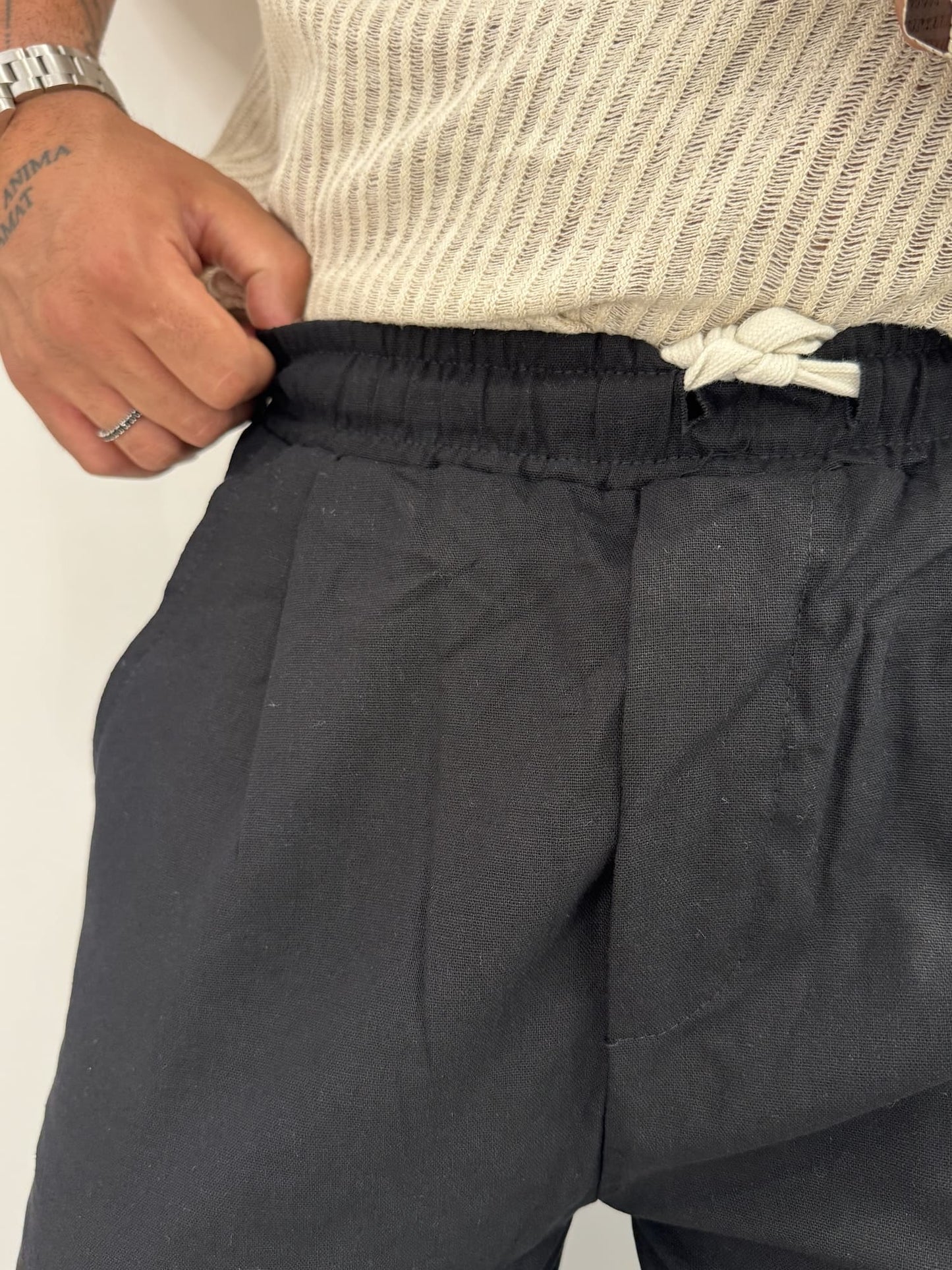 Pantaloni Baggy  in Misto Lino Nero