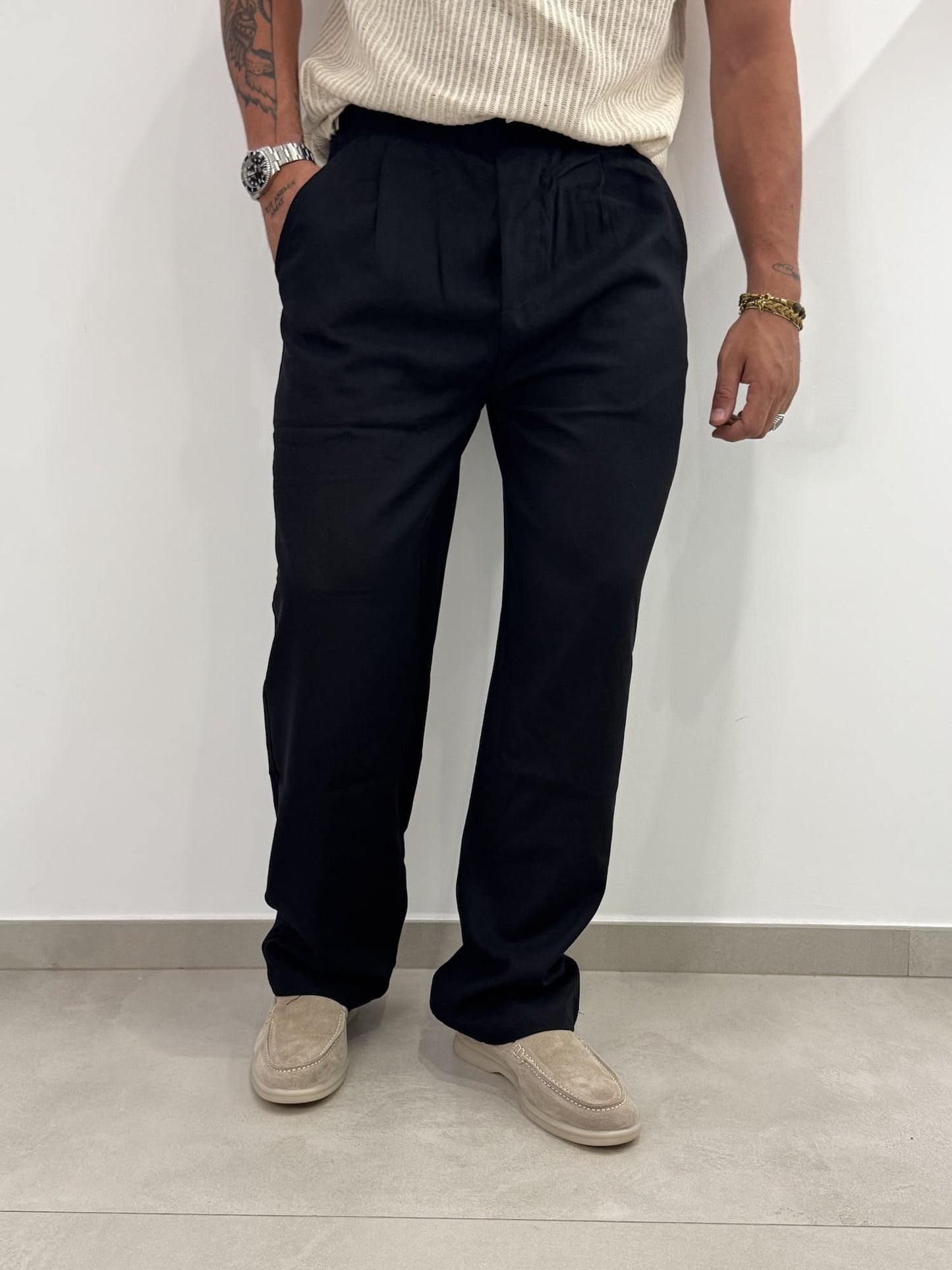 Pantaloni Baggy  in Misto Lino Nero
