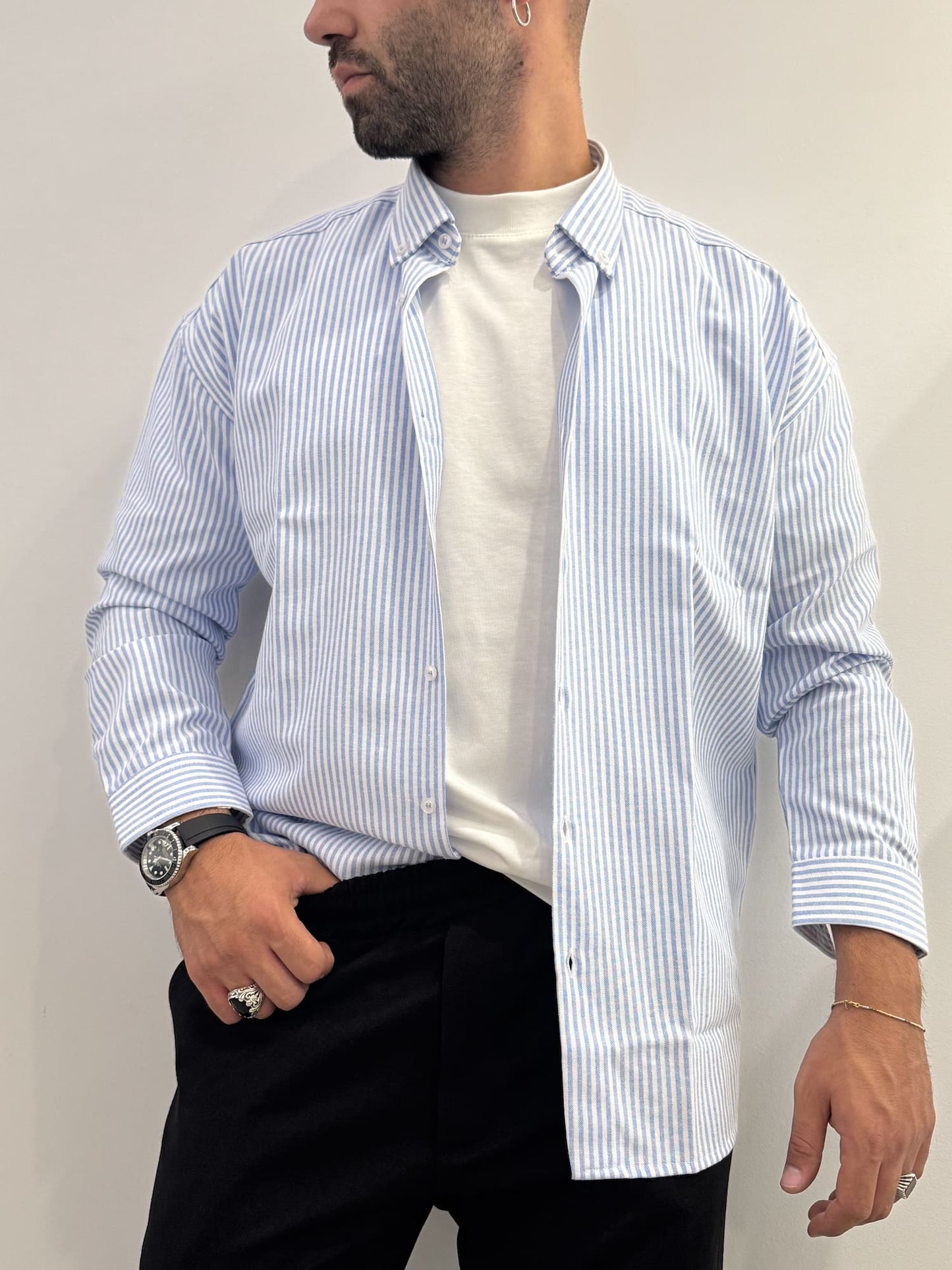 Camicia over rigata a maniche lunghe