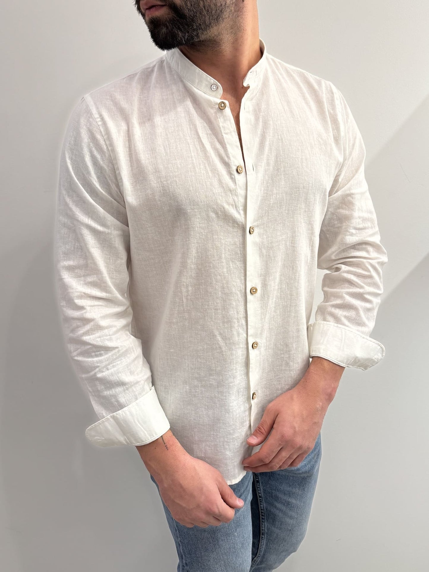 Camicia collo coreano in lino