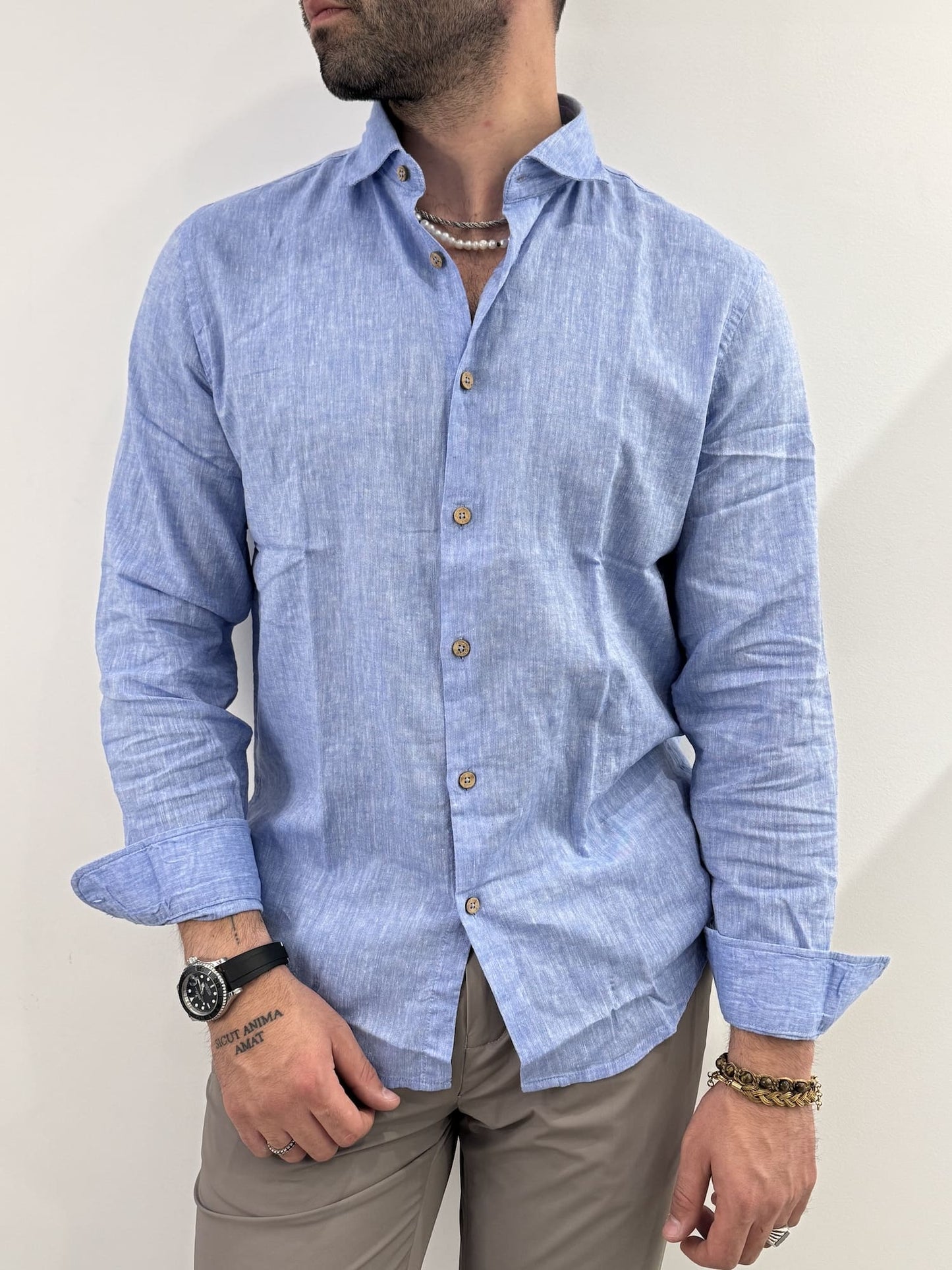 Camicia Hamaki-Ho in misto lino azzurro