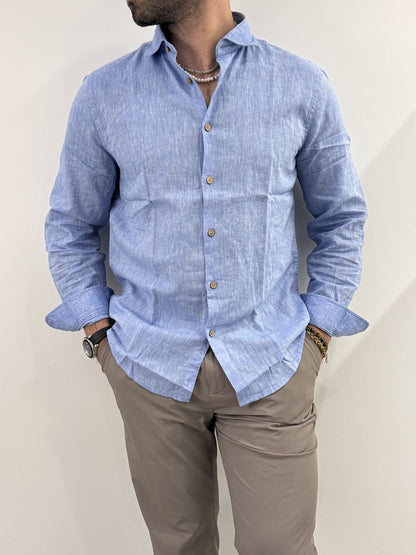 Camicia Hamaki-Ho in misto lino azzurro