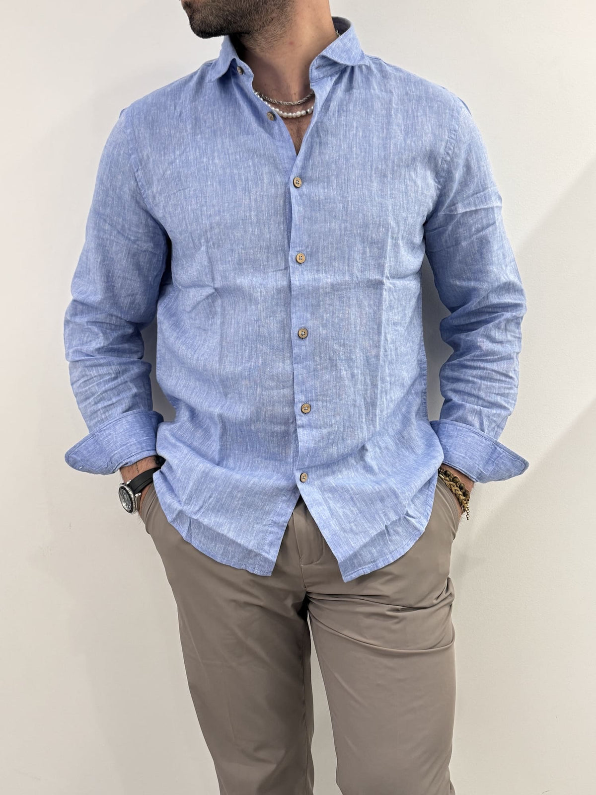 Camicia Hamaki-Ho in misto lino azzurro