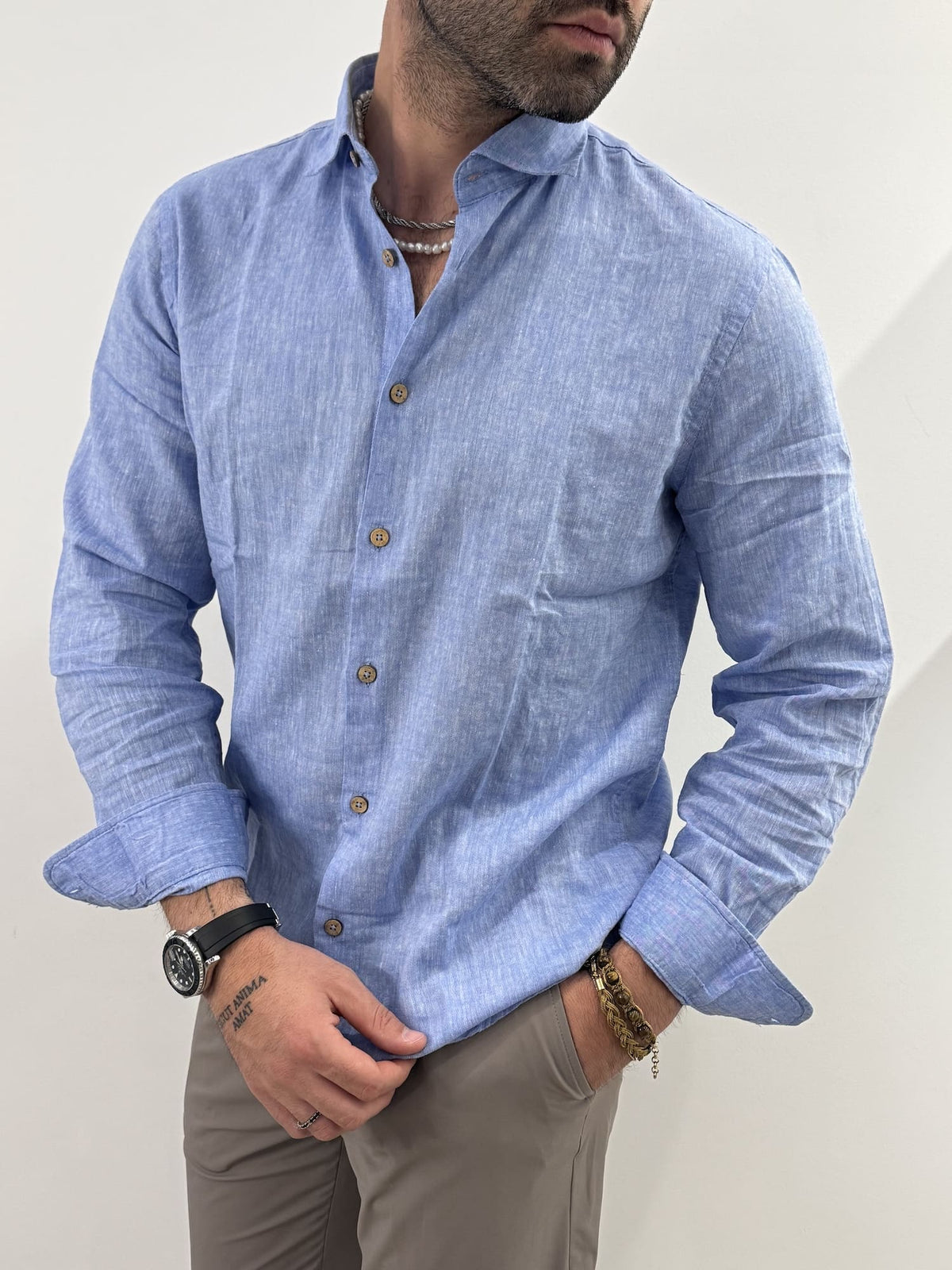 Camicia Hamaki-Ho in misto lino azzurro