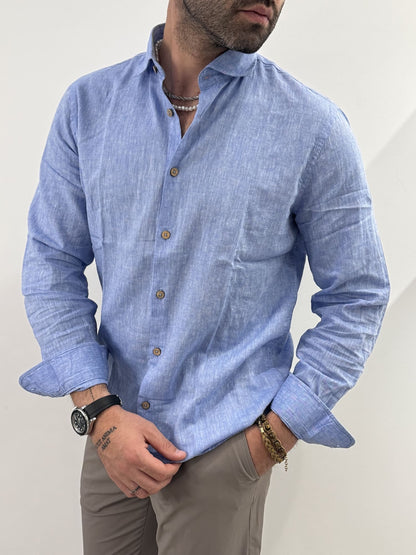 Camicia Hamaki-Ho in misto lino azzurro