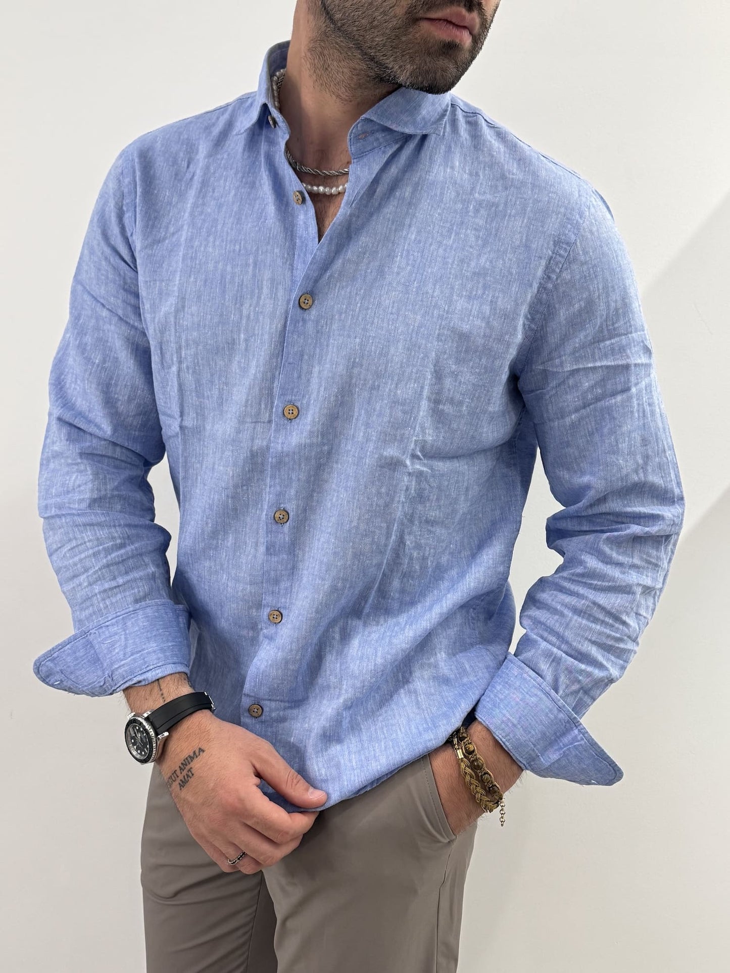 Camicia Hamaki-Ho in misto lino azzurro