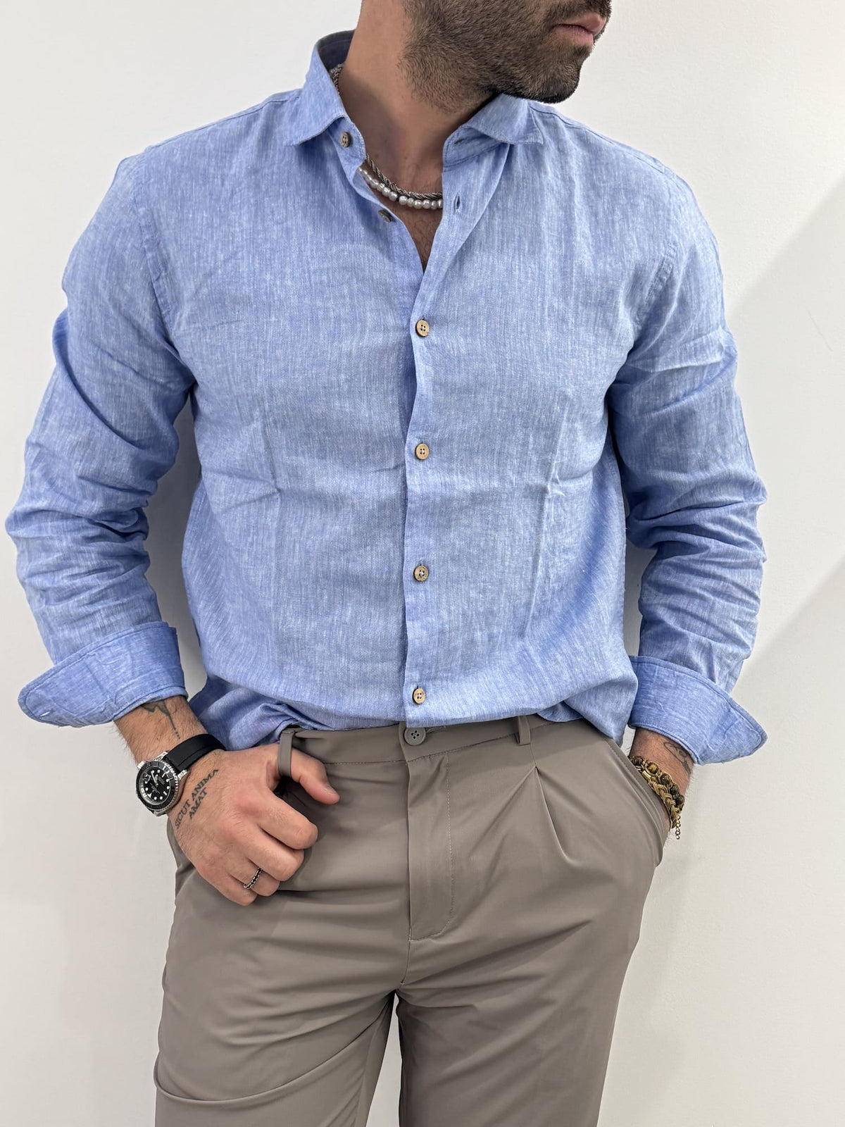 Camicia Hamaki-Ho in misto lino azzurro