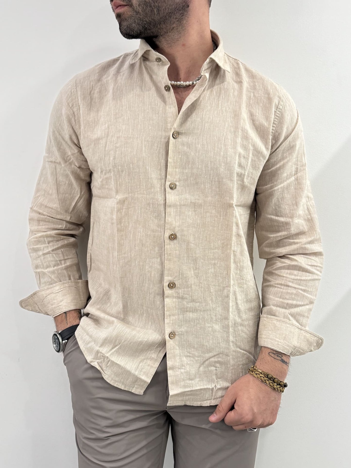 Camicia Hamaki-Ho in misto lino beige