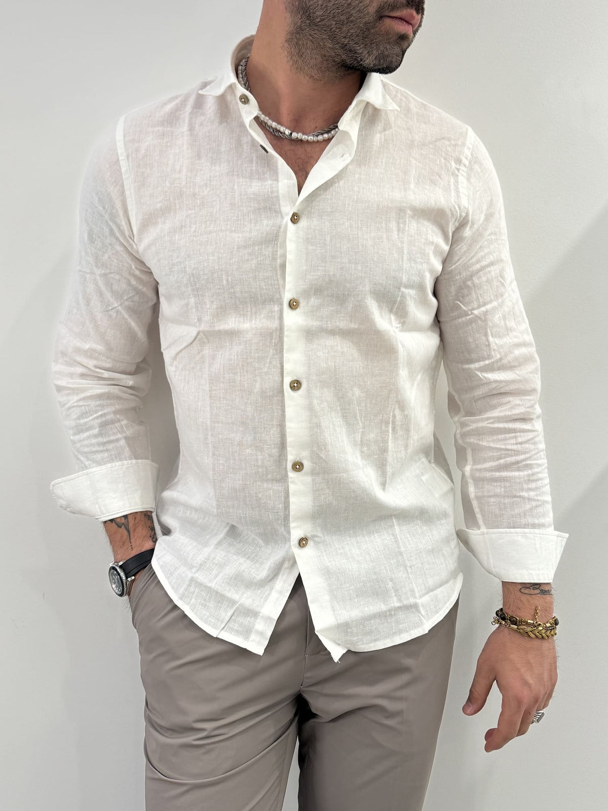 Camicia Hamaki-Ho in misto lino bianco