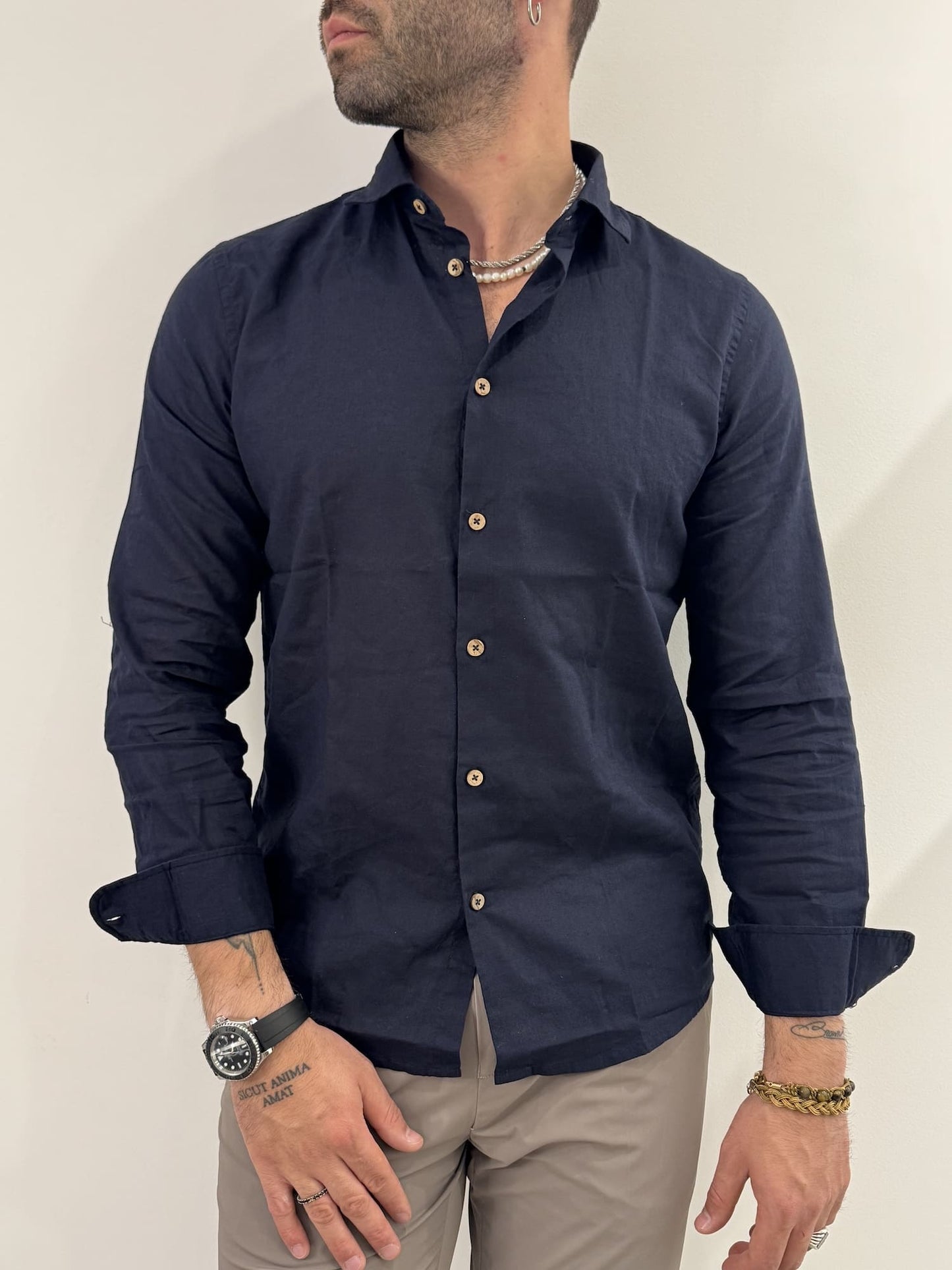 Camicia Hamaki-Ho in misto lino blu