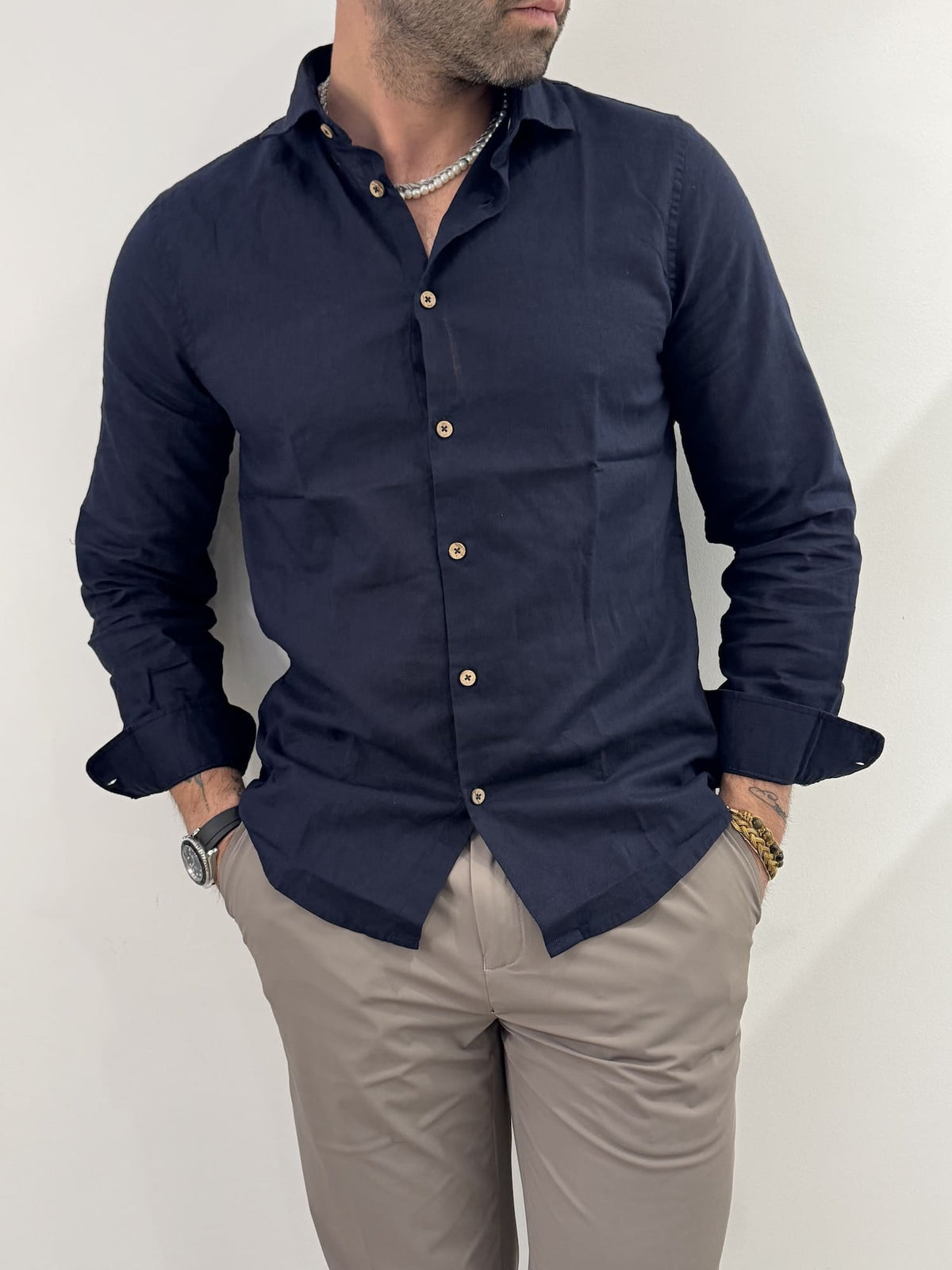 Camicia Hamaki-Ho in misto lino blu