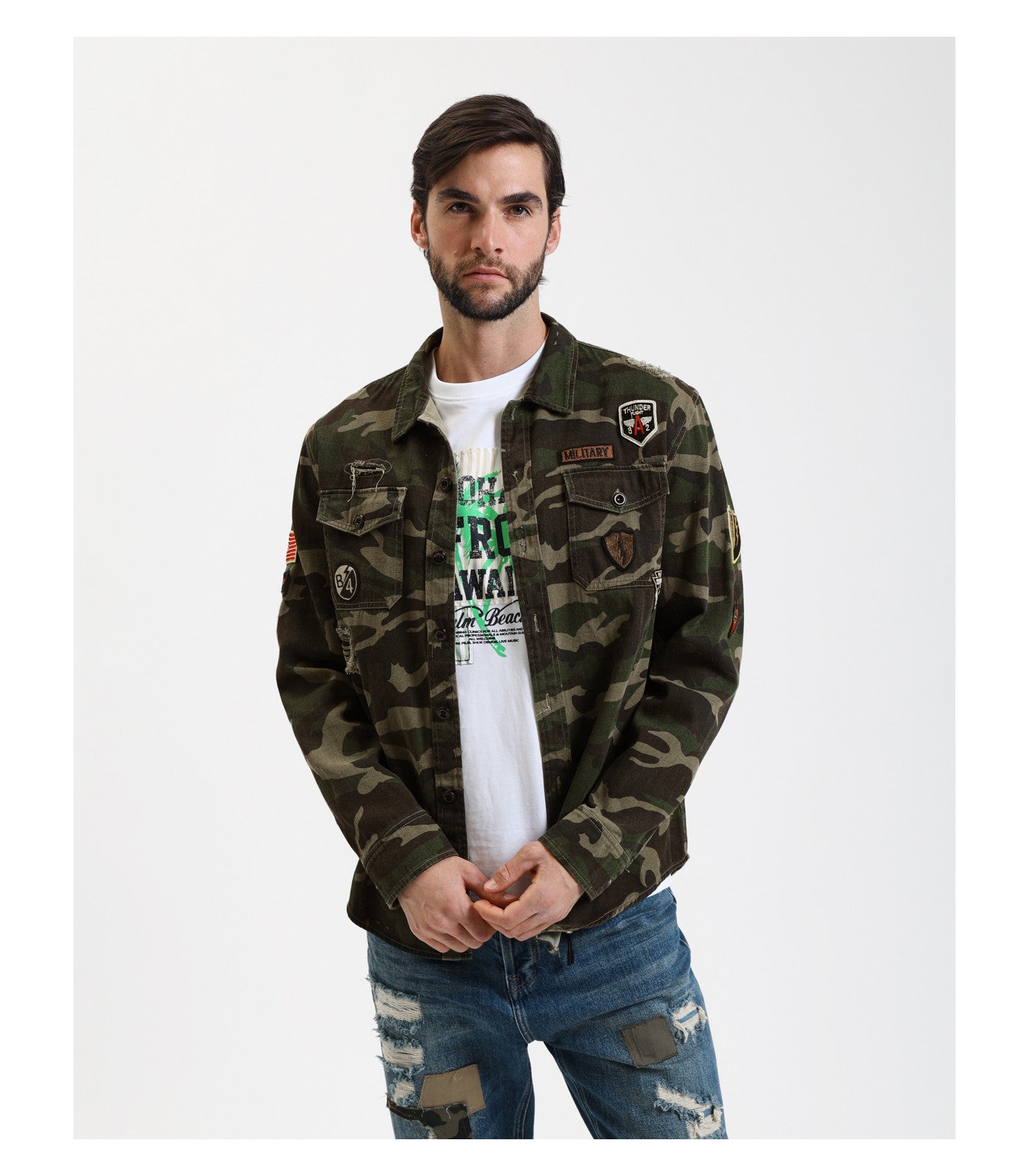 Overshirt camouflage con patchwork