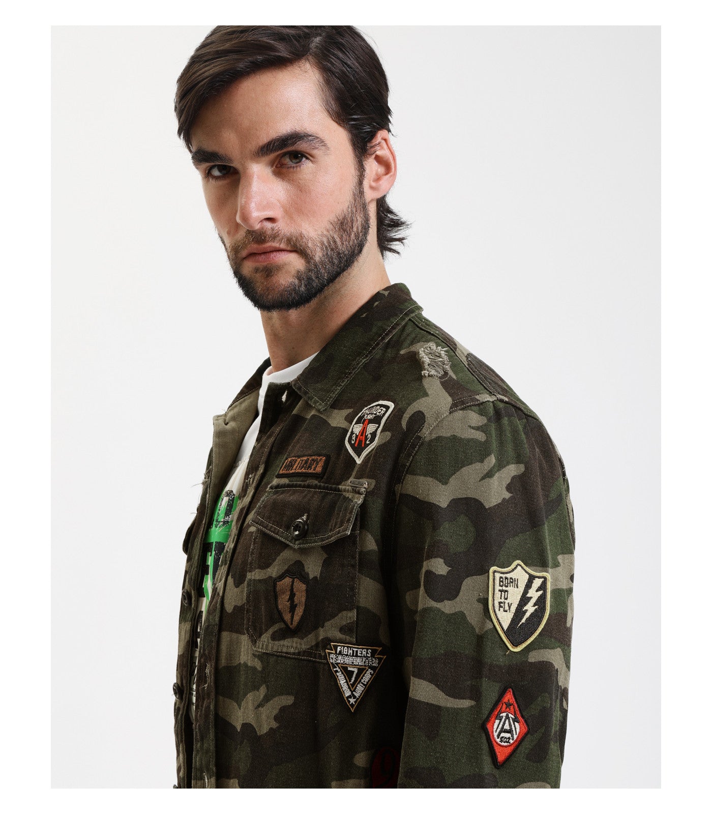 Overshirt camouflage con patchwork