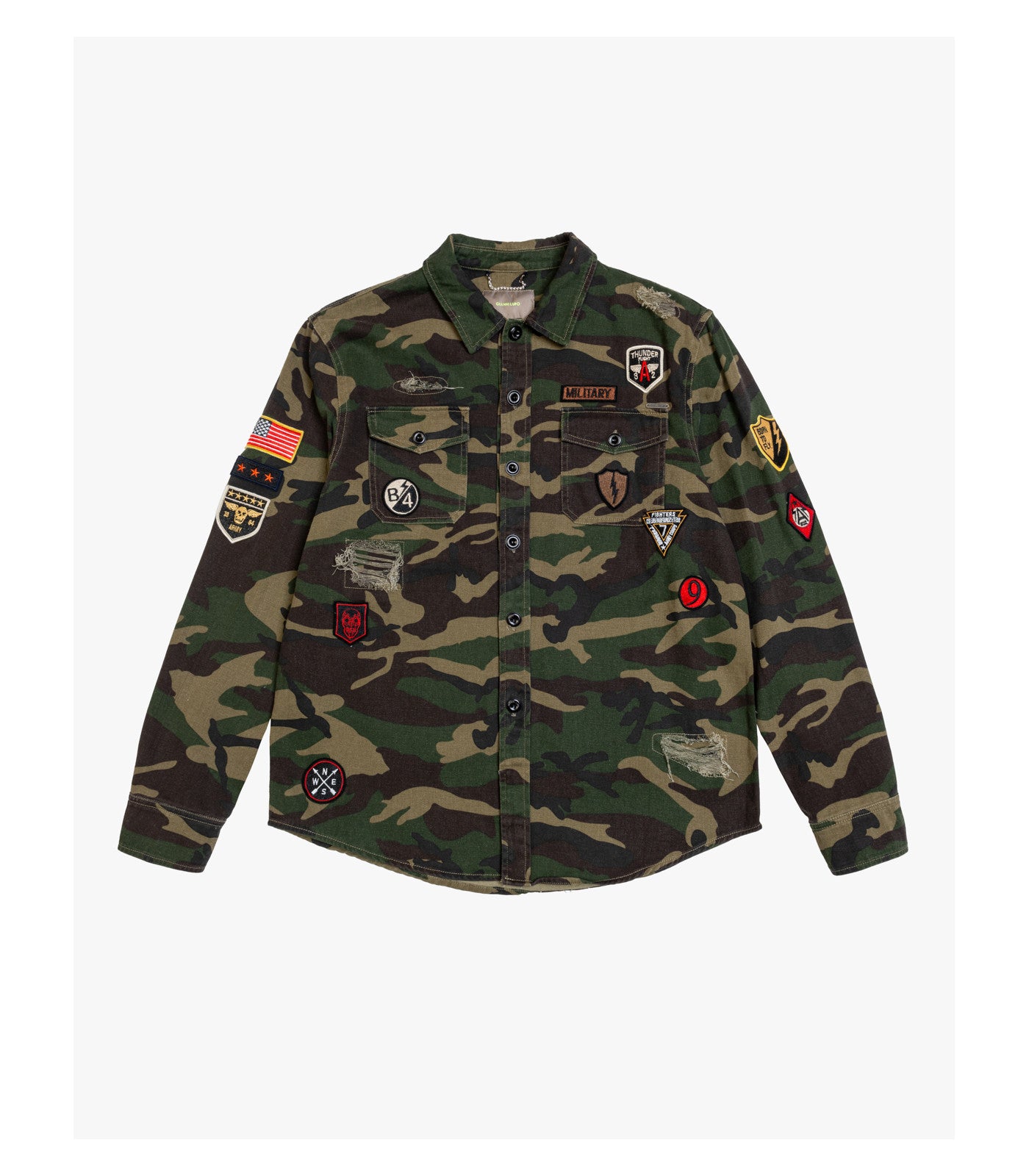 Overshirt camouflage con patchwork