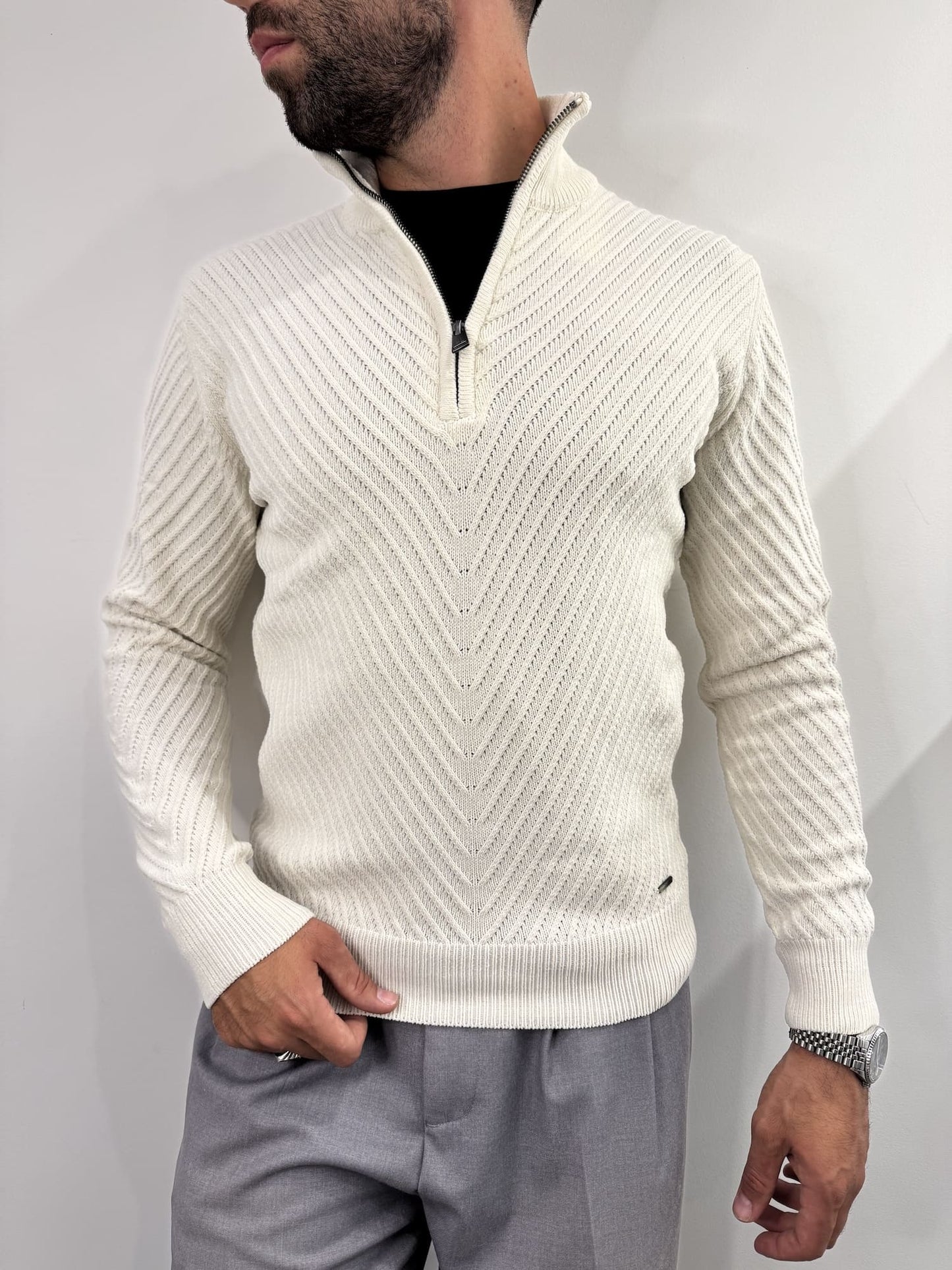 Maglione in ciniglia mezza zip tramato