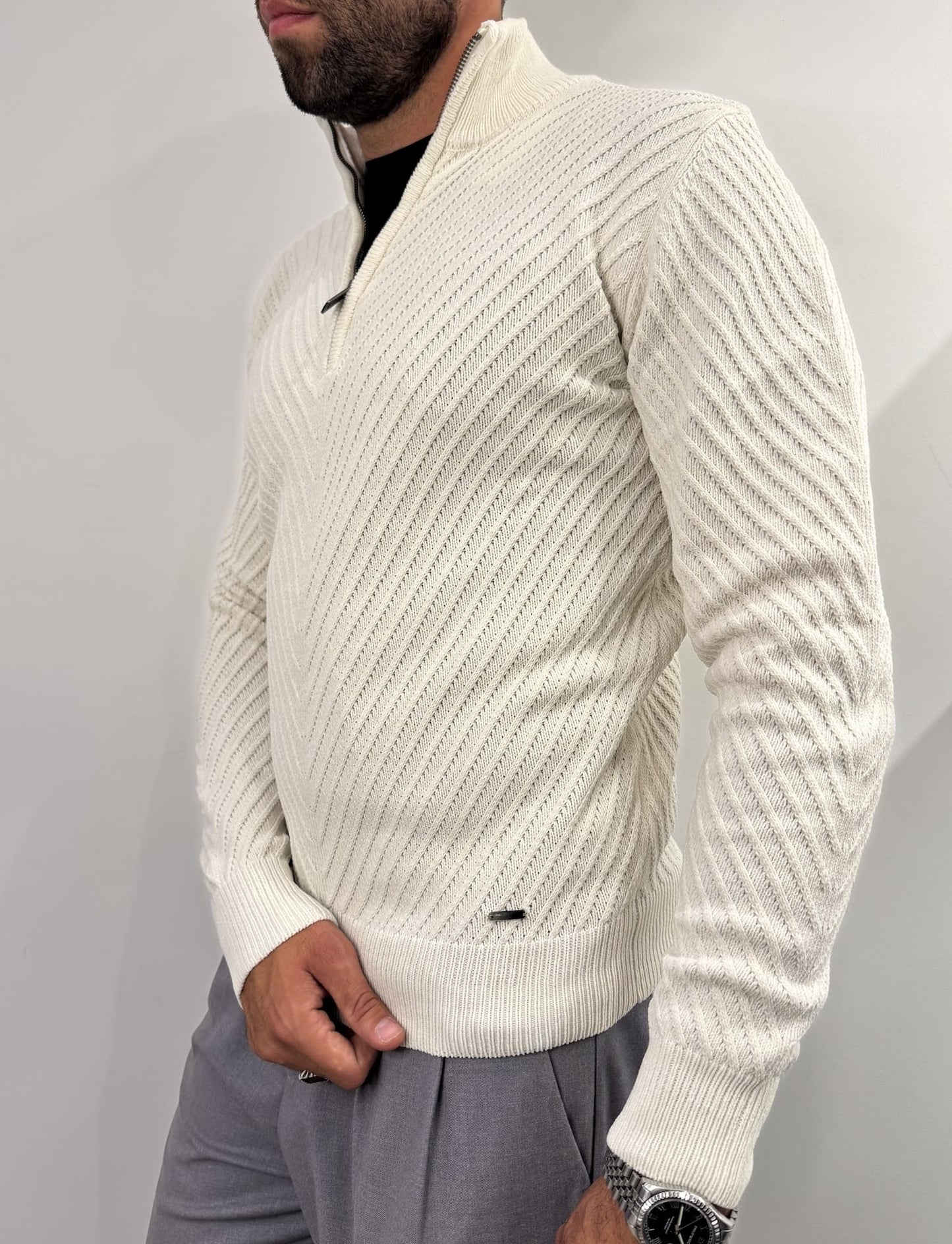 Maglione in ciniglia mezza zip tramato