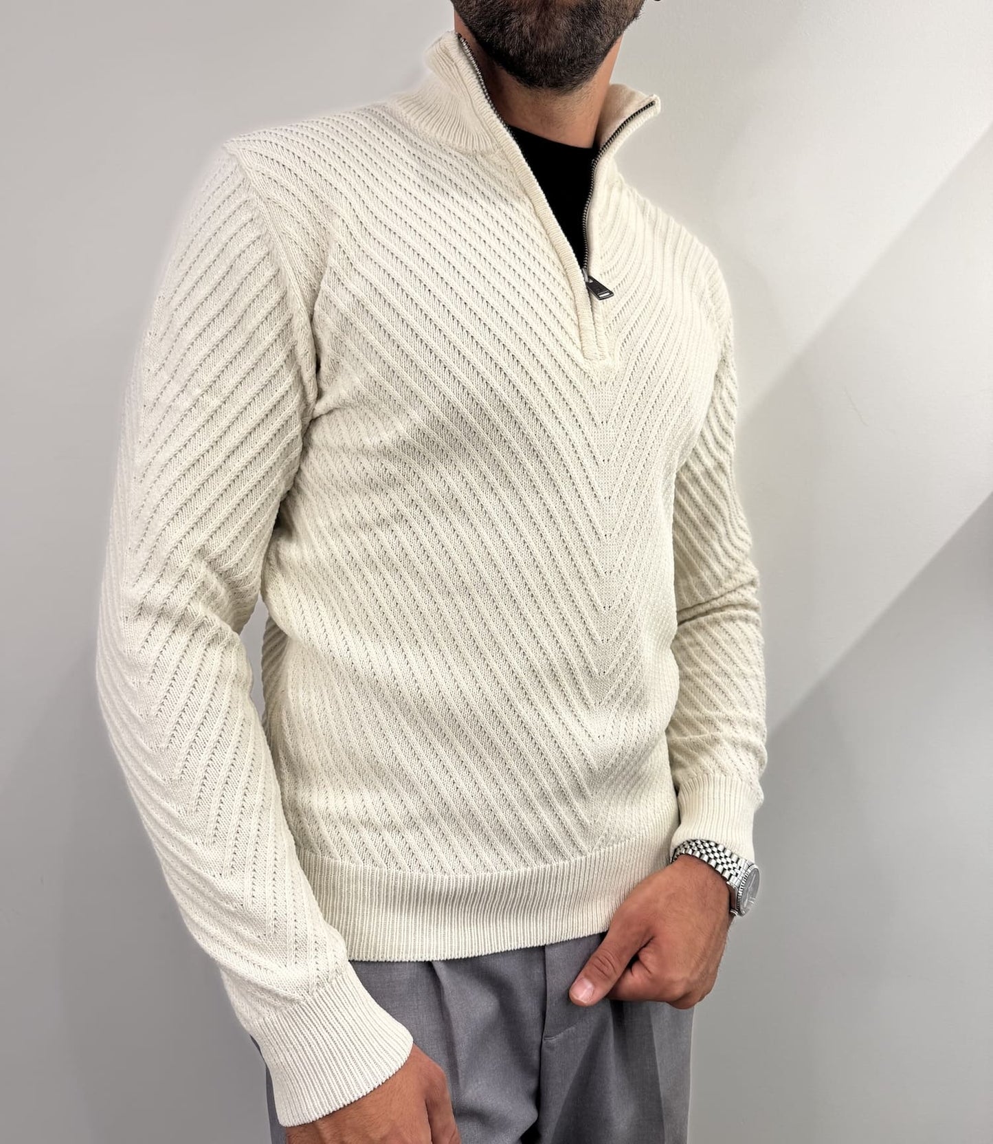 Maglione in ciniglia mezza zip tramato