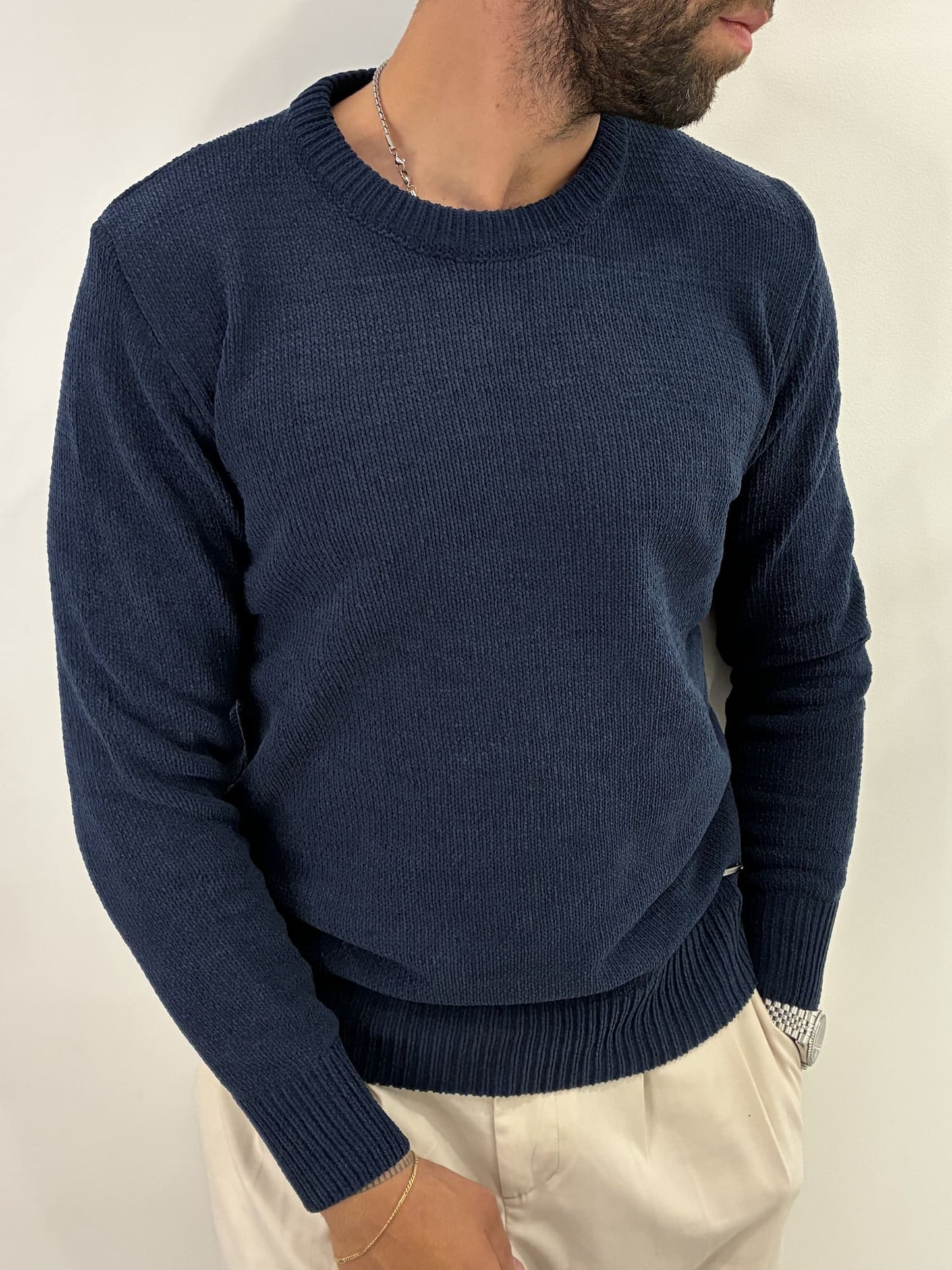 Maglione girocollo in ciniglia blu navy