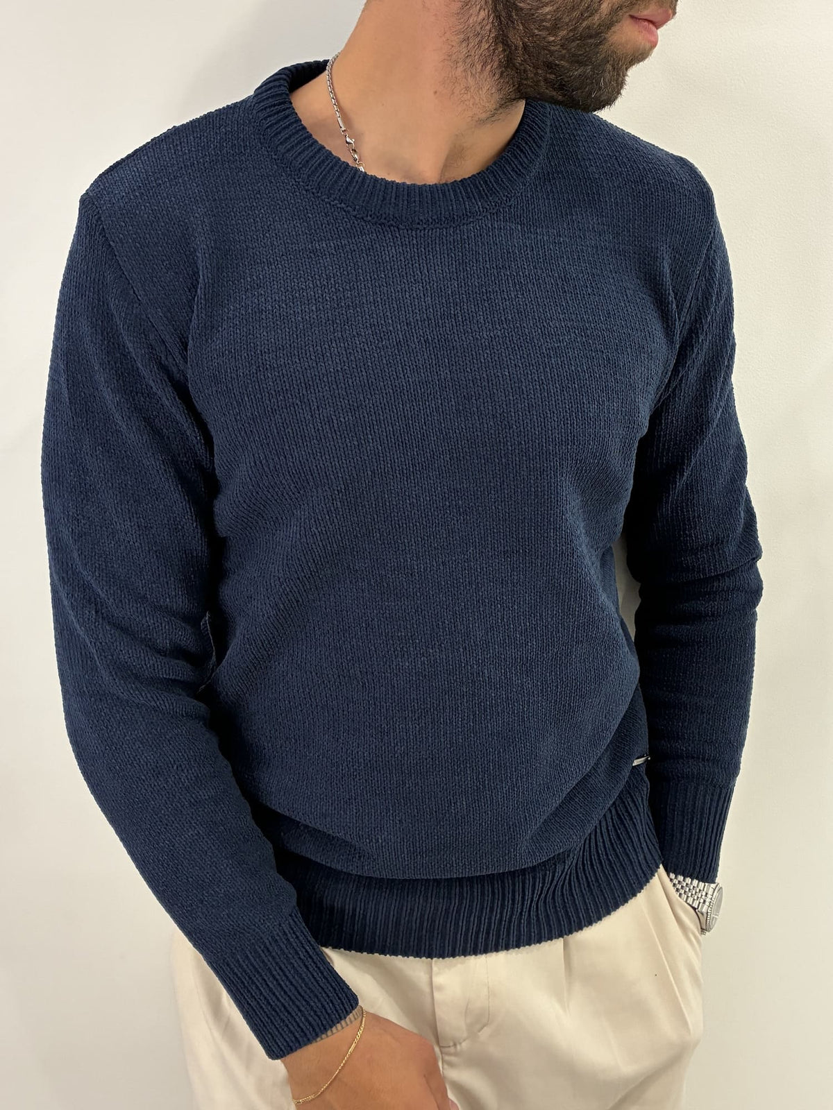 Maglione girocollo in ciniglia blu navy