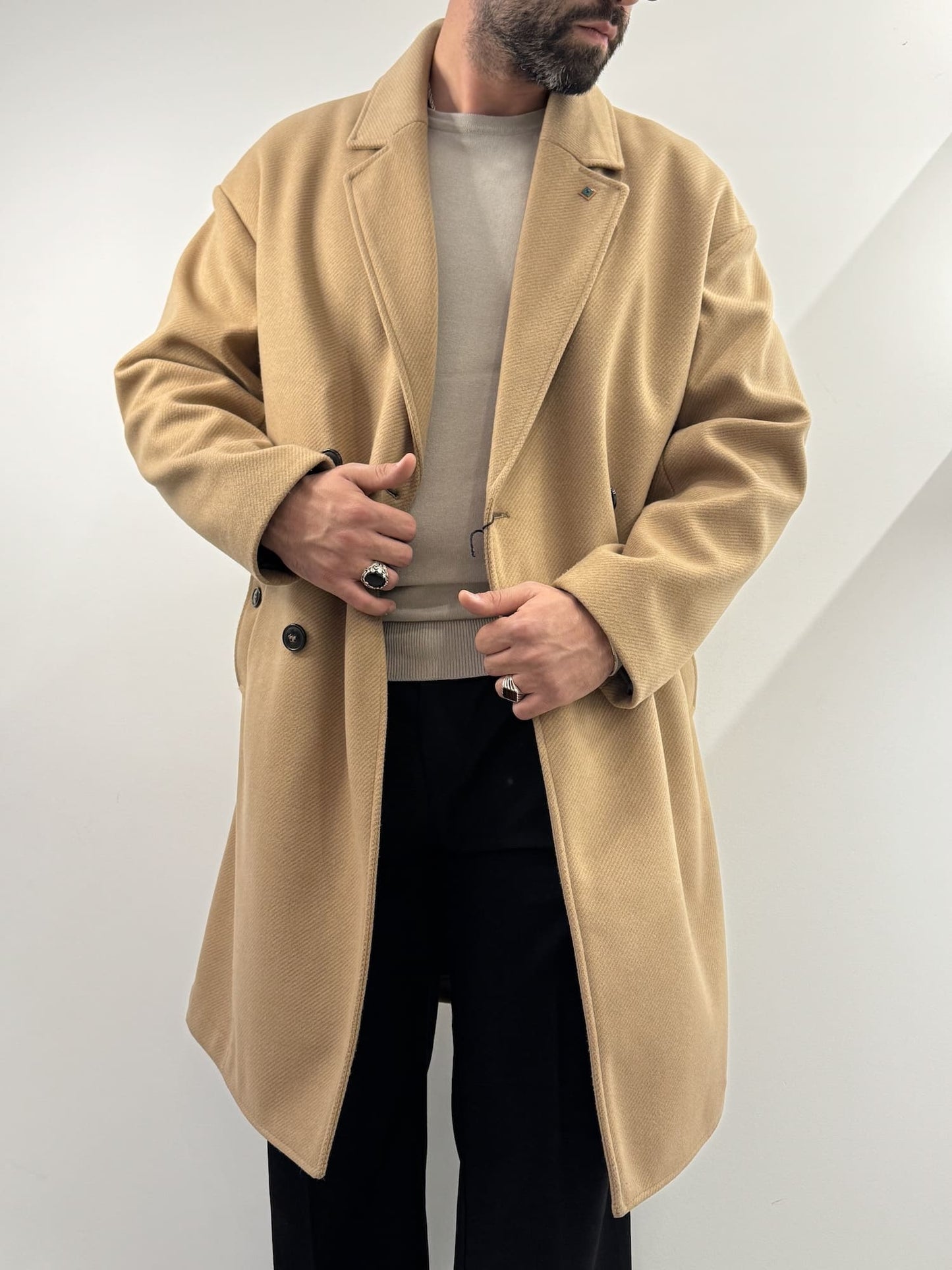 Cappotto over doppio petto beige