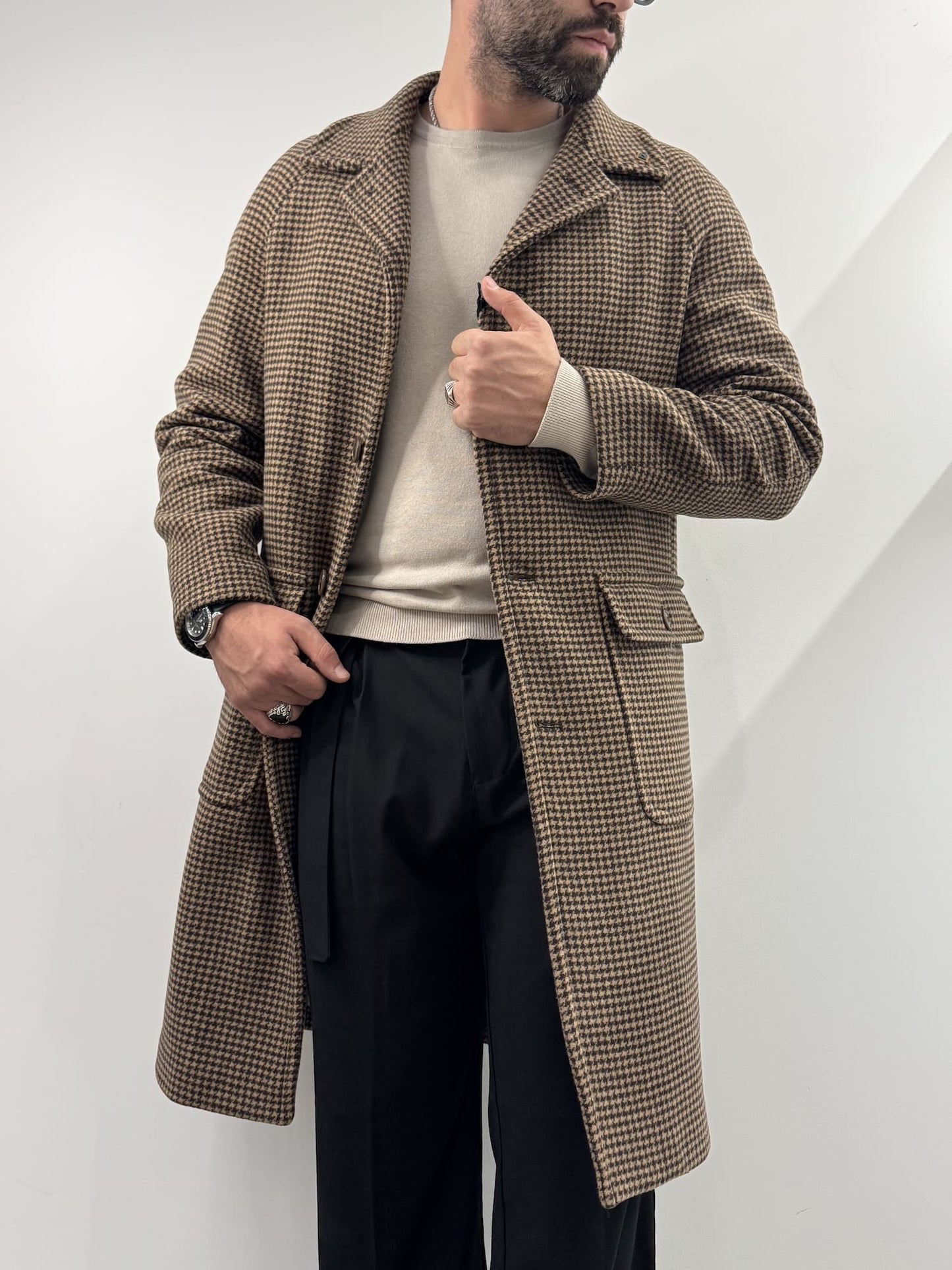 Cappotto Out/Fit in trama pied de poule marrone