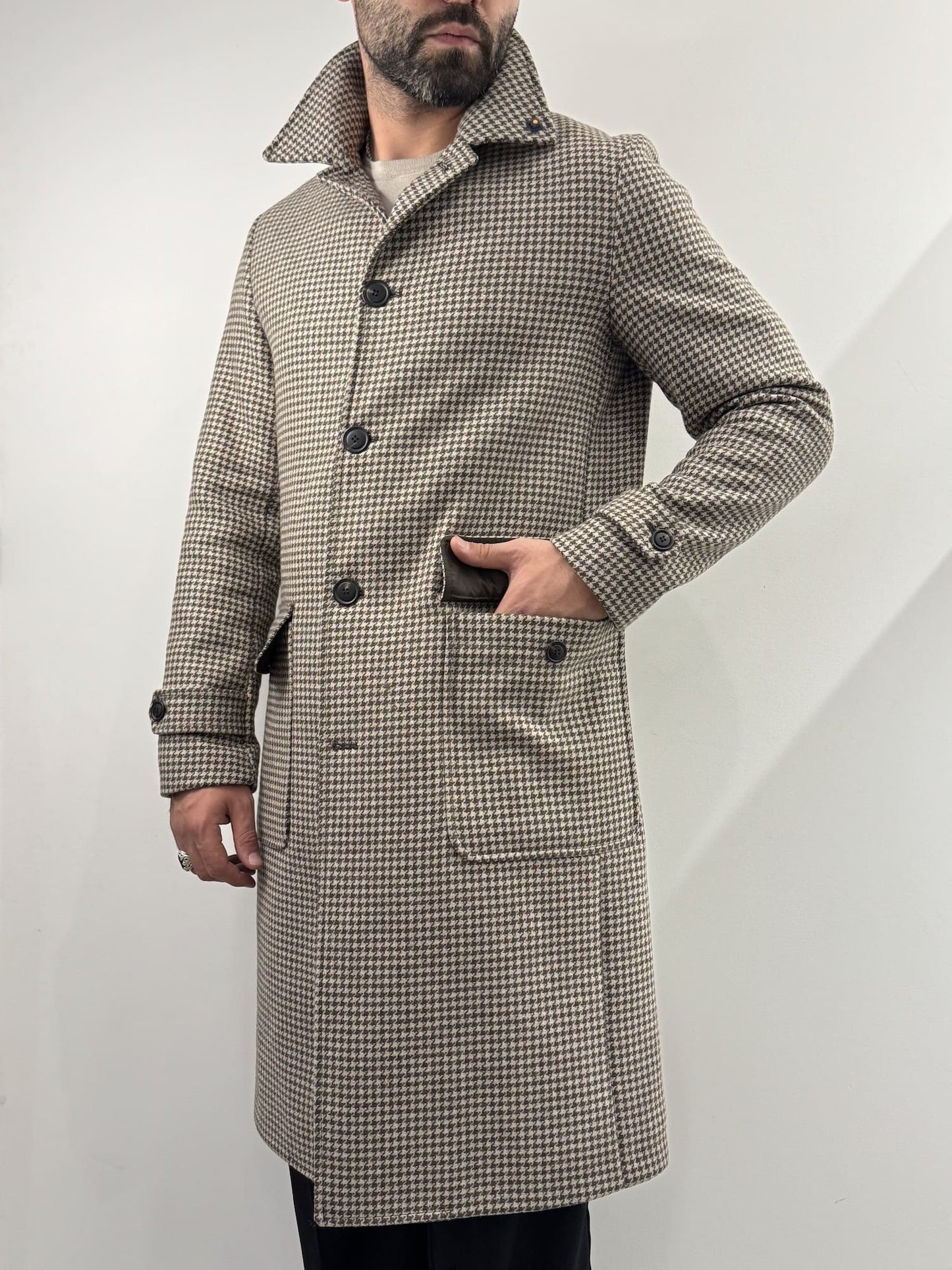 Cappotto Out/Fit in trama pied de poule beige