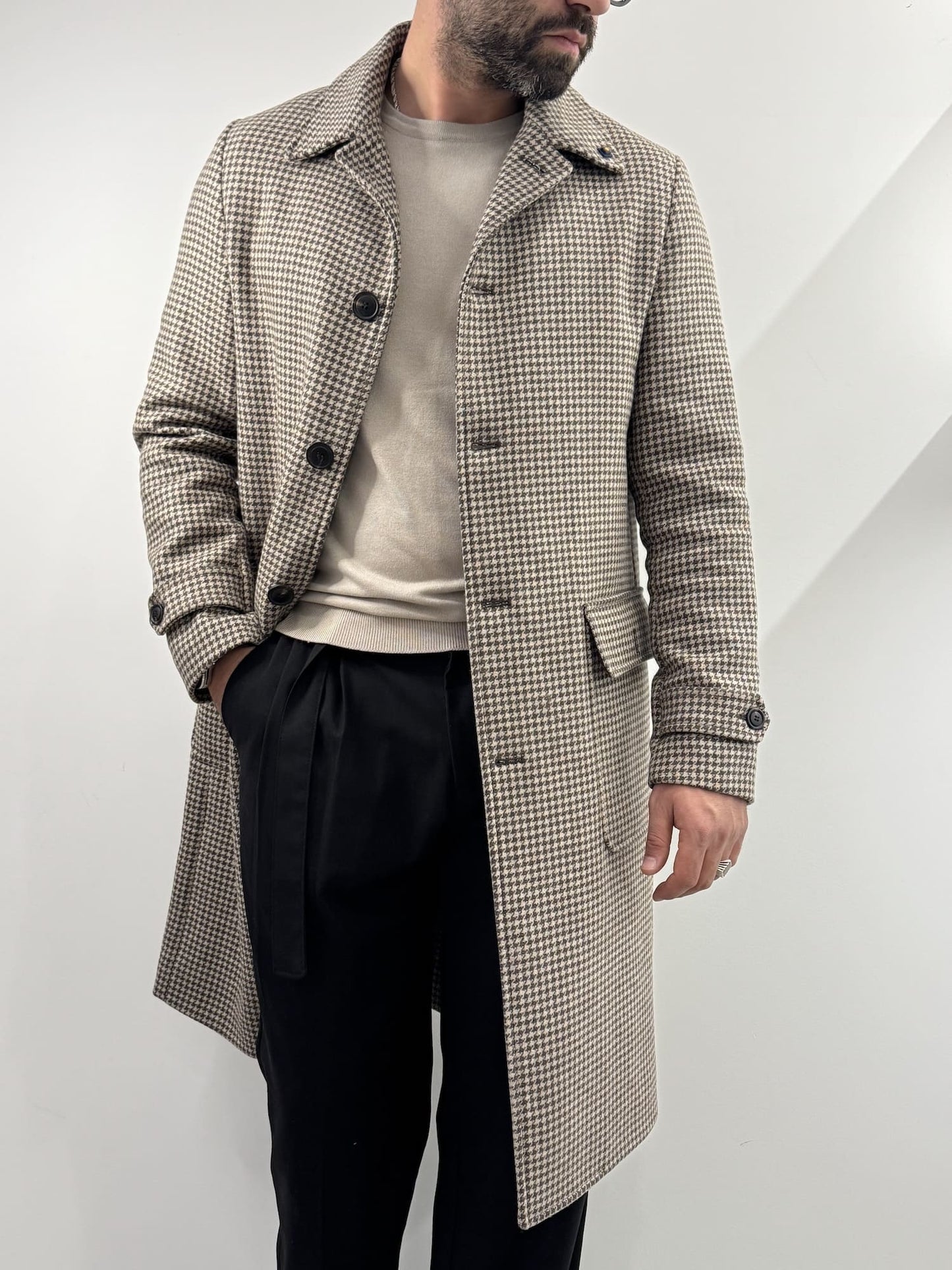 Cappotto Out/Fit in trama pied de poule beige