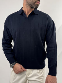 Polo manica lunga a coste blu