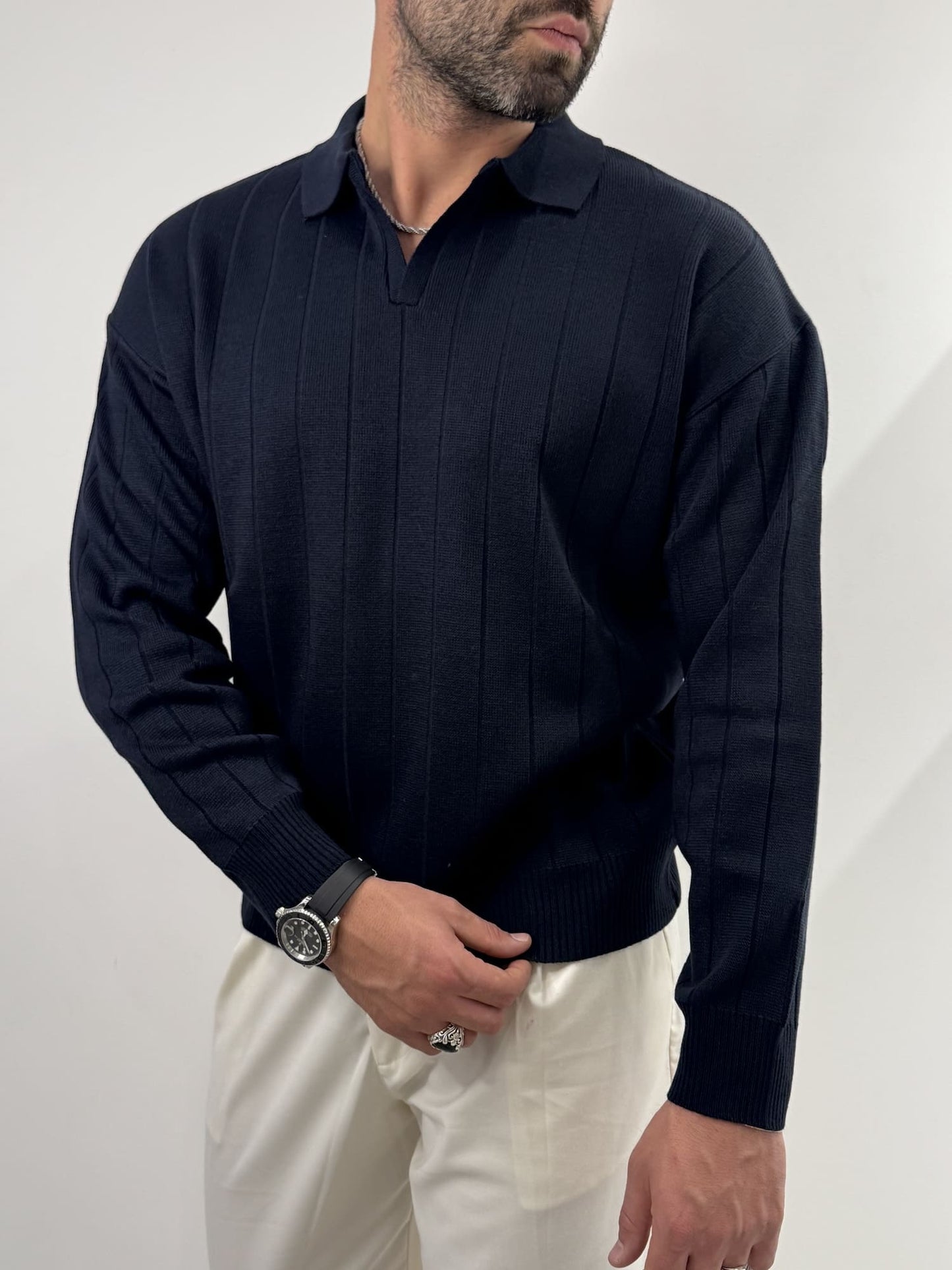 Polo manica lunga a coste blu