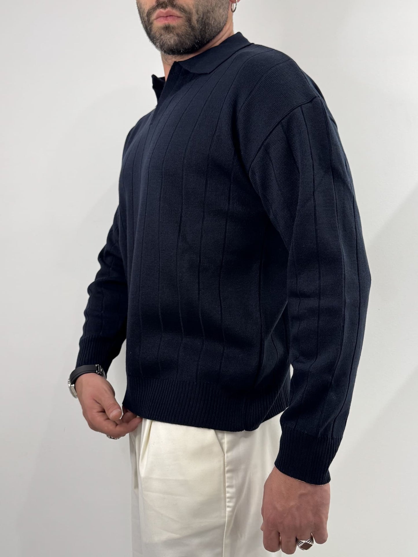 Polo manica lunga a coste blu