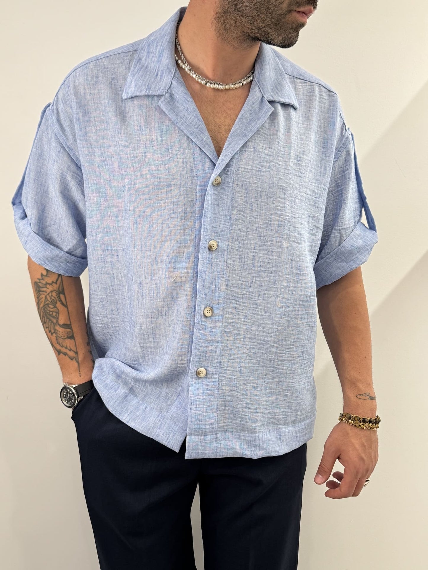 Camicia manica corta hawaiana azzurro