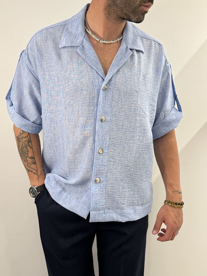 Camicia manica corta hawaiana azzurro