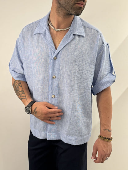 Camicia manica corta hawaiana azzurro