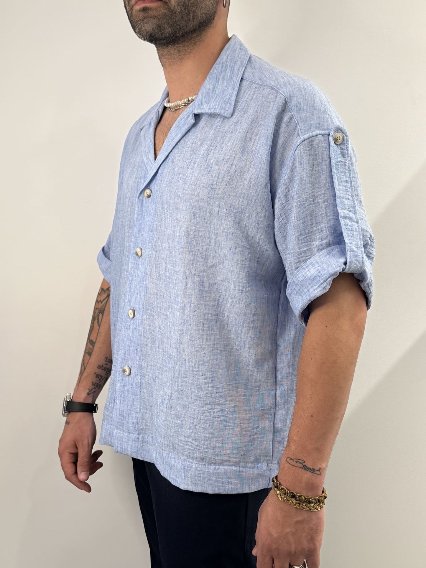 Camicia manica corta hawaiana azzurro