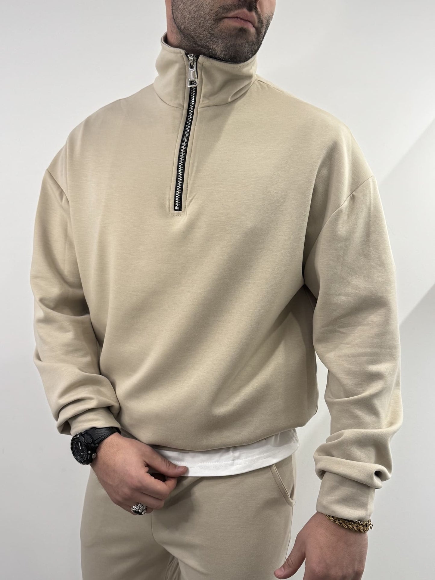 Tuta completa mezza zip beige
