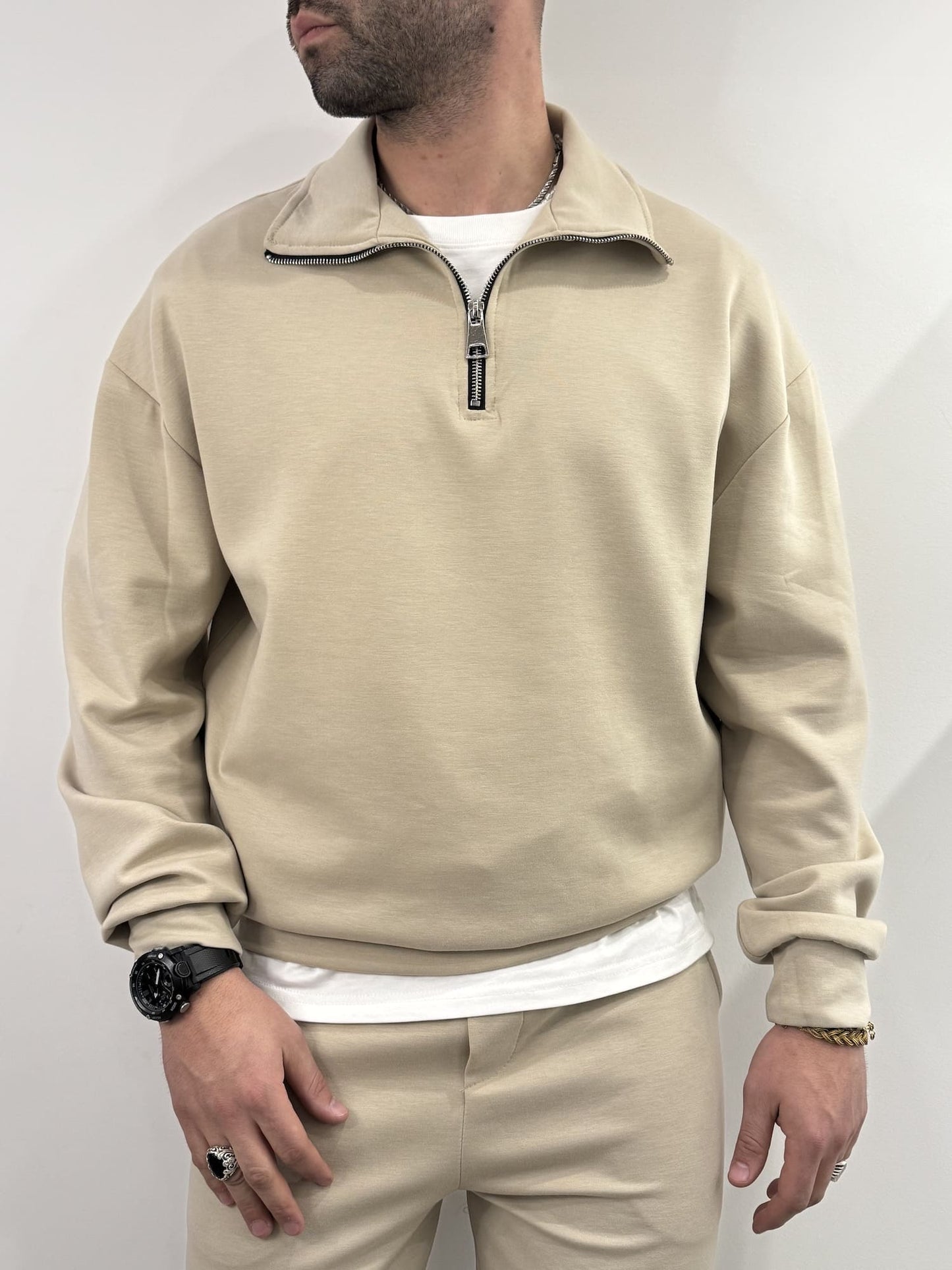 Tuta completa mezza zip beige